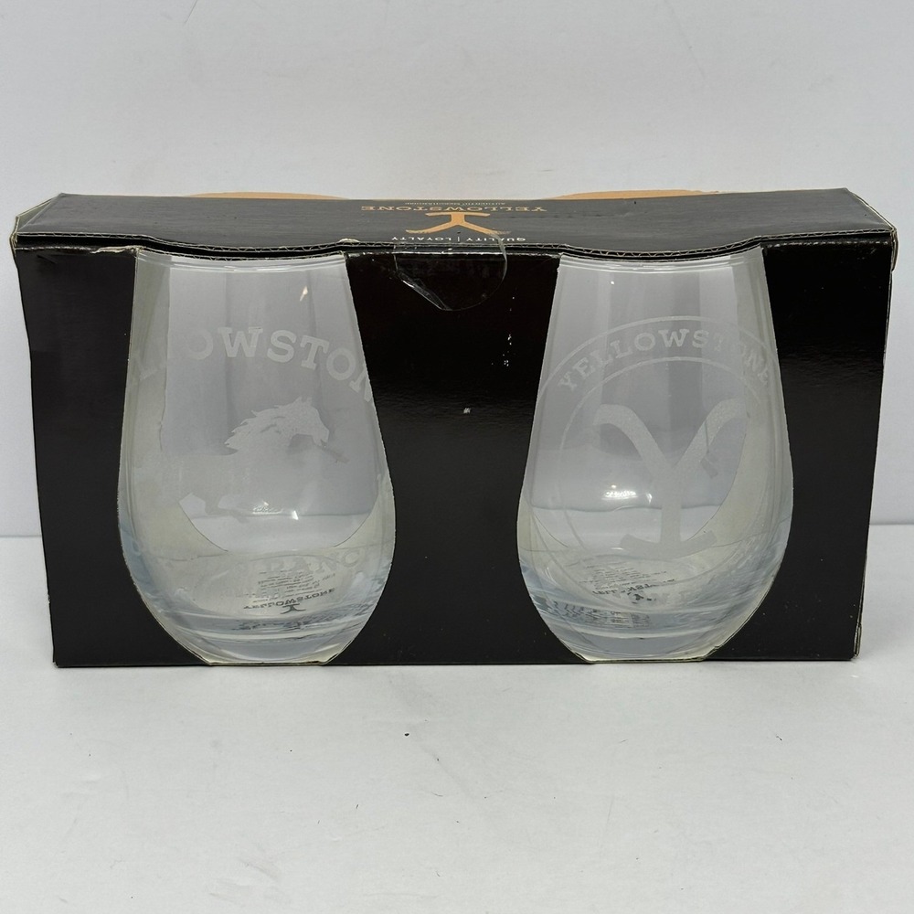 Yellowstone Dutton Ranch Tear Drop Glass Set of 2 20oz Stemless Etched Horse Y